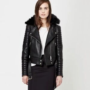 Black Leather Fur-Trim Moto Jacket - Women